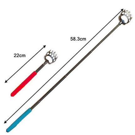 Bear Claw Back Scratcher With Telescopic Stainless Steel Handle showing 22cm to 58.3cm extension, stainless steel head and non-slip rubber grip