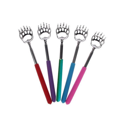 Bear Claw Back Scratcher With Telescopic Stainless Steel Handle showing five colorful rubber-grip telescoping stainless steel back scratchers