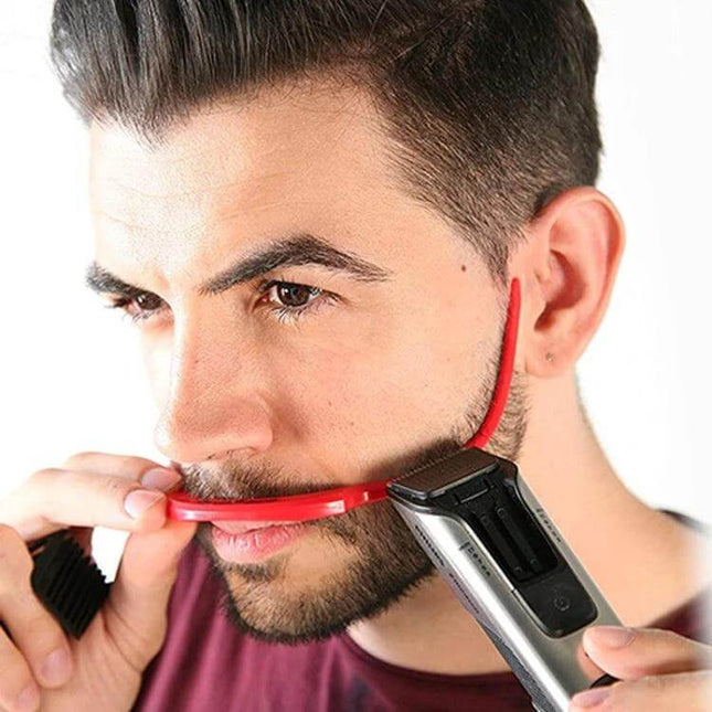 Beard Shaping Board With Shape Ruler And Pen For Precise Lines shown in use guiding trimmer along cheek and neckline with elastic strap