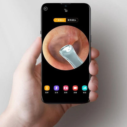 Bebird Endoscope Ear Cleaning Tool Black for Home Use showing smartphone app live view of ear canal and metal scoop tip
