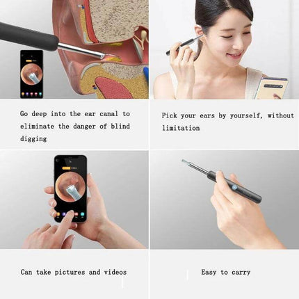 Bebird Endoscope Ear Cleaning Tool Black for Home Use showing camera app view, woman using device, close-up ear canal image