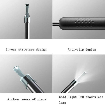 Bebird Endoscope Ear Cleaning Tool Black for Home Use showing in-ear tip anti-slip handle LED light and 3MP camera close-up