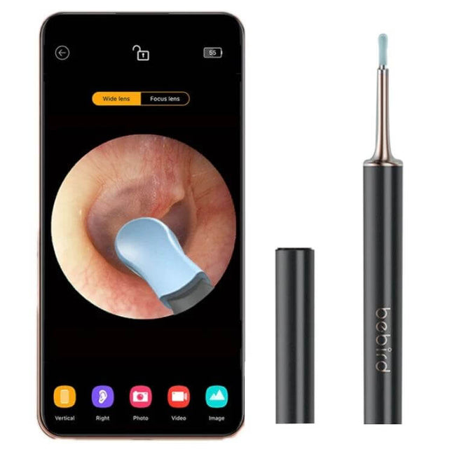 Bebird Smart Visible Luminous Ear Pick Set Star Black shown with smartphone displaying live ear canal view and protective cap