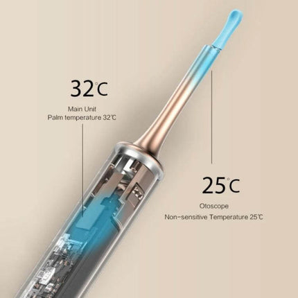 Bebird Smart Visible Luminous Ear Pick Set Star Black — close-up of probe highlighting 32°C main unit and 25°C otoscope temperature