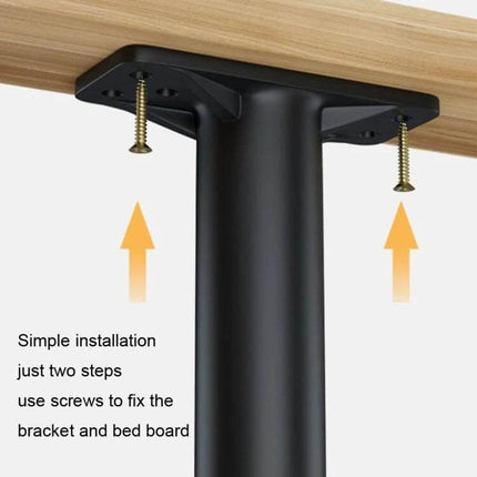 Bed Leg Support Bracket, Adjustable 15, 18, or 20 Cm black metal leg installed under bed board showing screw fixation and rotating height lock