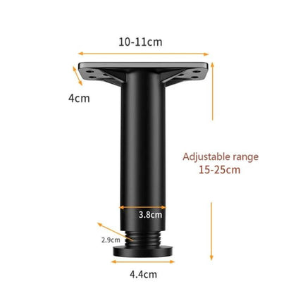 Bed Leg Support Bracket, Adjustable 15, 18, or 20 Cm black adjustable metal bed leg showing dimensions and rotating height lock for stable platform beds