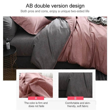 Bedding Set Solid Plaid Comforter Duvet Cover And Sheets Blue showing reversible pink and gray plaid cotton/polyester bedding set on bed