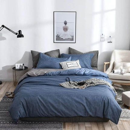 Bedding Set Solid Plaid Comforter Duvet Cover And Sheets Blue in styled modern bedroom with blue plaid comforter and matching sheets
