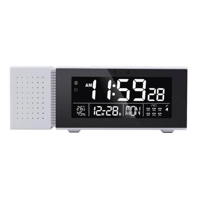 Bedside Alarm Clock With Night Light For Everyday Use on nightstand showing large LED time, date, temperature and colorful ambient light
