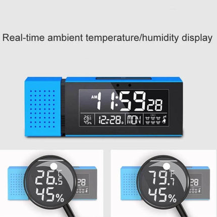 Bedside Alarm Clock With Night Light For Everyday Use — compact blue digital clock showing time, date, temp and humidity display