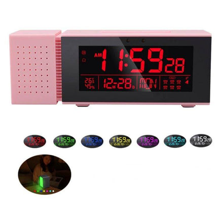 Bedside Alarm Clock With Night Light For Everyday Use pink digital clock with large red LED display, calendar, multiple alarms and color-changing night light
