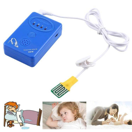 Bedwetting Alarm With Sensor And Clamp For Nocturnal Enuresis — blue alarm unit with corded moisture sensor and clip, music/vibration/multi-LED wake modes