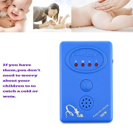 Bedwetting Alarm With Sensor And Clamp For Nocturnal Enuresis blue portable unit with moisture sensor clamp, one-button setup, vibration/music and LED wake modes