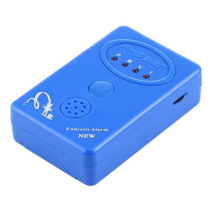 Bedwetting Alarm With Sensor And Clamp For Nocturnal Enuresis - blue portable alarm unit with speaker, LEDs, one-button setup and clamp-enabled sensor connection