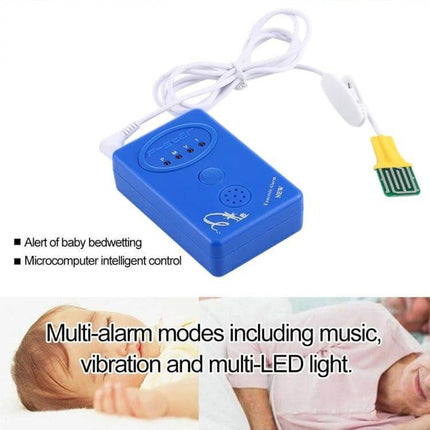 Bedwetting Alarm With Sensor And Clamp For Nocturnal Enuresis - blue alarm unit with corded moisture sensor, clamp, music/vibration/multi-LED modes, battery-powered