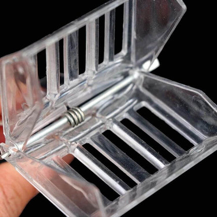 Bee King Cage Beekeeping Tool, Plastic Queen Cage, 2 Pack clear plastic queen cage open showing spring hinge for safe transport and confinement