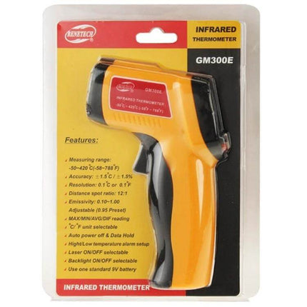 Benetech Digital Laser Infrared Thermometer For Surface Temperature in retail packaging showing pistol-grip infrared thermometer