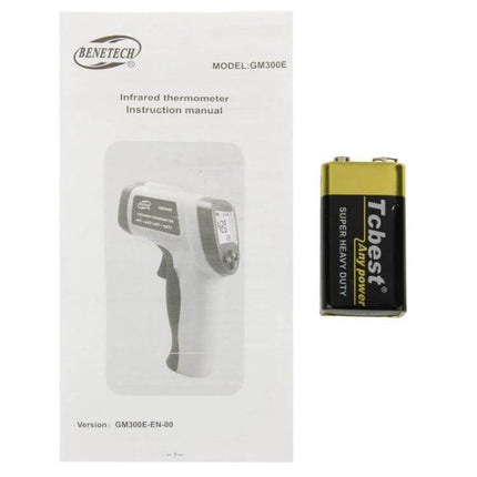Benetech Digital Laser Infrared Thermometer For Surface Temperature with user manual and 9V battery on white background
