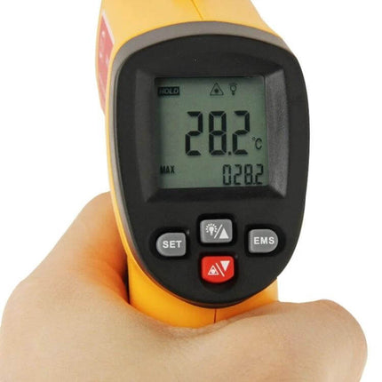 Benetech Digital Laser Infrared Thermometer For Surface Temperature held showing 28.2°C on LCD display
