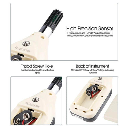 Benetech Humidity And Temperature Meter, 1.45 Inch Screen showing sensor, tripod screw hole and 9V battery compartment