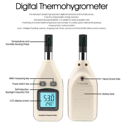 Benetech Humidity And Temperature Meter, 1.45 Inch Screen handheld ABS digital thermohygrometer with 1.45-inch LCD showing 53% humidity 24°C