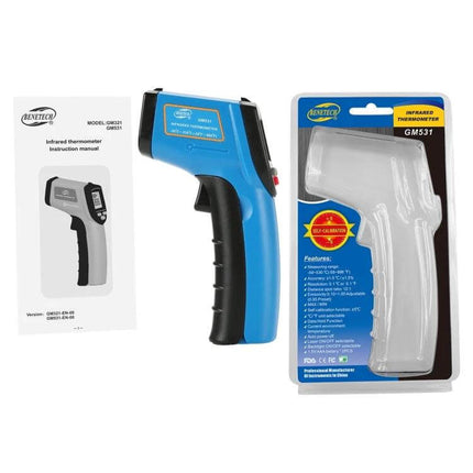 Benetech Handheld Infrared Thermometer for Cooking - blue pistol-style non-contact thermometer with manual and retail packaging