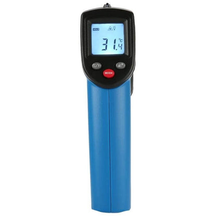 Benetech Handheld Infrared Thermometer for Cooking showing 31.4°C on LCD, blue pistol grip, laser aiming, non-contact surface temperature reader