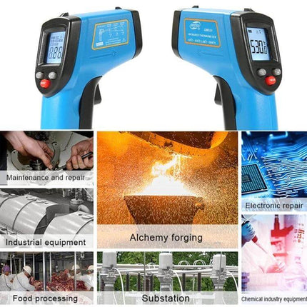 Benetech Handheld Infrared Thermometer for Cooking - blue non-contact thermometer showing digital display, laser aiming, uses for cooking and industrial tasks
