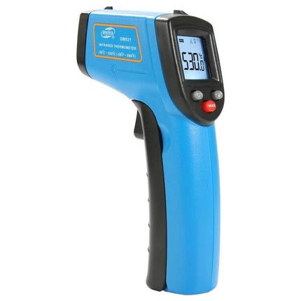 Benetech Handheld Infrared Thermometer for Cooking - blue pistol-grip non-contact thermometer showing 530°C on LCD, laser aiming, compact kitchen tool