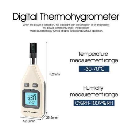 Benetech Humidity And Temperature Meter, 1.45 Inch Screen handheld digital thermohygrometer with 1.45-inch LCD showing 53.0% RH and 24.0°C