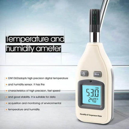 Benetech Humidity And Temperature Meter, 1.45 Inch Screen handheld ABS body showing 1.45-inch double-row LCD with 53% RH and 24.0°C