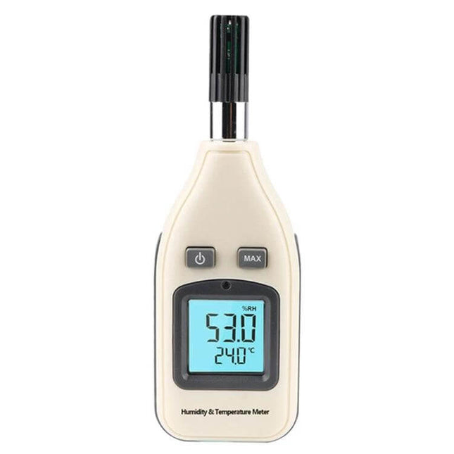 Benetech Humidity And Temperature Meter, 1.45 Inch Screen handheld ABS meter with 1.45-inch display showing 53% RH and 24°C