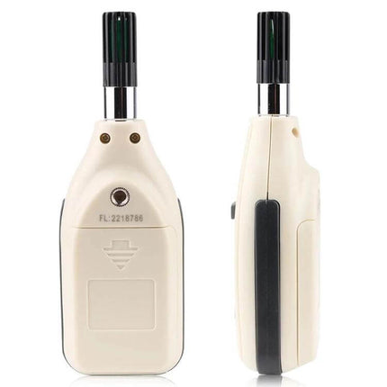 Benetech Humidity And Temperature Meter, 1.45 Inch Screen shown front and side with 1.45-inch double-row LCD, ABS body for lab HVAC quality control