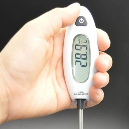 Benetech LCD Display Food Thermometer For Cooking And Grilling held in hand showing 28.9°C on clear LCD