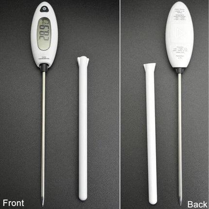 Benetech LCD Display Food Thermometer For Cooking And Grilling showing front and back views with probe and protective sheath, LCD reading 28.9°C
