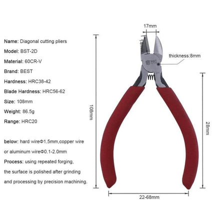 BEST-2D Electrician Wire Cutting Pliers Cr-V Steel Blades - diagonal cutting pliers with red handles, 108mm length, 60Cr-V blades, 17mm jaw