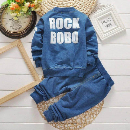 Bibicola Boys Denim Long Sleeve Casual Suit Two Piece Set blue toddler denim top and pants with 'ROCK BOBO' back print
