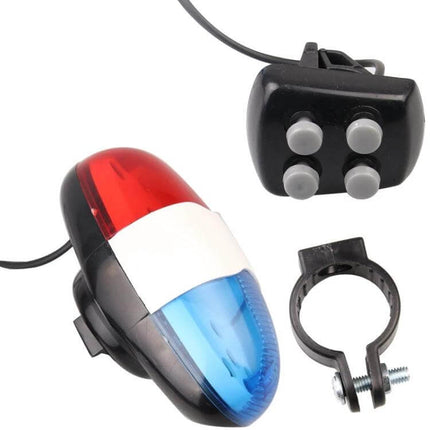 Bicycle 4 Tone Electronic Horn With LED Tail Light showing horn unit, 4-button control, and handlebar mount for urban commuting safety