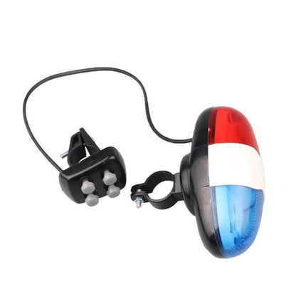 Bicycle 4 Tone Electronic Horn With LED Tail Light mounted on handlebars with red-white-blue LED lens and remote tone switch