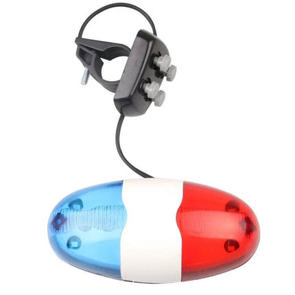 Bicycle 4 Tone Electronic Horn With LED Tail Light mounted on handlebar showing red and blue LED rear light and clamp