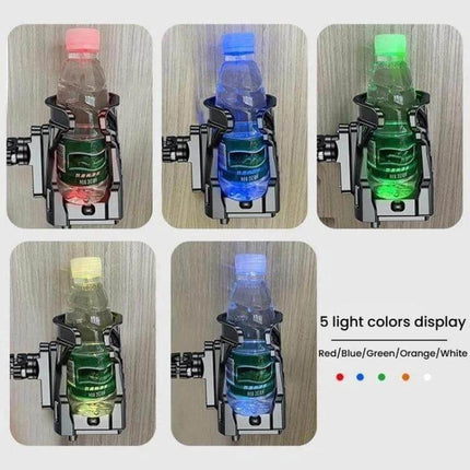 Bicycle Cup Holder With 5 Color Ambient Lights For Bicycles And Motorcycles shown mounted with red blue green orange and white LED bottle lighting