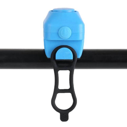Bicycle Electric Horn With Bell Red Easy To Install No Battery blue unit mounted on black handlebar, rubber strap attachment for quick battery-free install