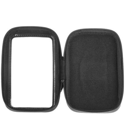 Bicycle Handlebar Phone Case Waterproof Zipper Touch Bag shown open with clear touch window and padded interior for on-bike phone protection