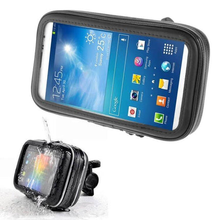 Bicycle Handlebar Phone Case Waterproof Zipper Touch Bag showing mounted phone with water splashes and touchscreen visibility