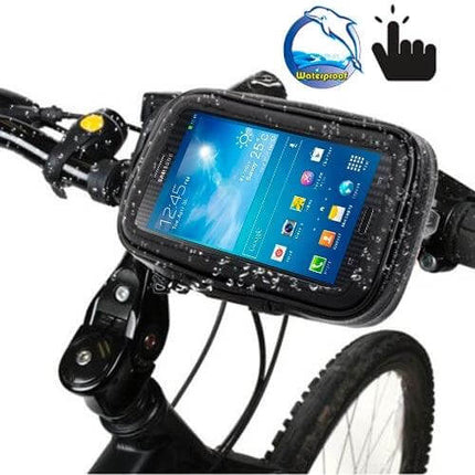 Bicycle Handlebar Phone Case Waterproof Zipper Touch Bag mounted on bike handlebar showing touchscreen phone in rain