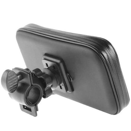 Bicycle Handlebar Phone Case Waterproof Zipper Touch Bag mounted on bike handlebars, hard-shell waterproof phone enclosure with zipper and touch window