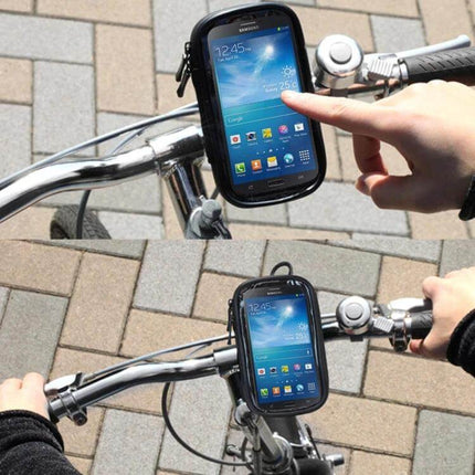 Bicycle Handlebar Phone Case Waterproof Zipper Touch Bag mounted on bike handlebar showing touchscreen navigation and weather display