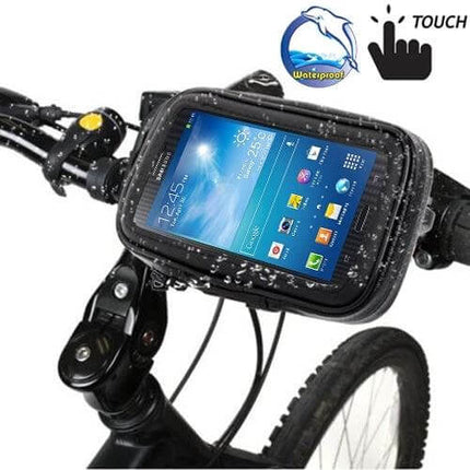 Bicycle Handlebar Phone Case Waterproof Zipper Touch Bag mounted on bike handlebar showing touch-screen use in rain