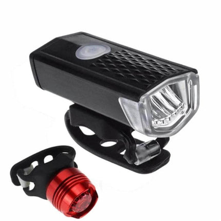 Bicycle Headlight and Taillight Set USB Rechargeable - black CREE XPE 3W front light and red USB rear light for urban commuting, 320 lumens