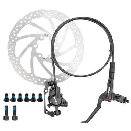 Bicycle Hydraulic Disc Brake Set For Mountain Bikes - complete front and rear caliper, rotor, hose and lever for 22.2mm handlebars, aluminum alloy construction
